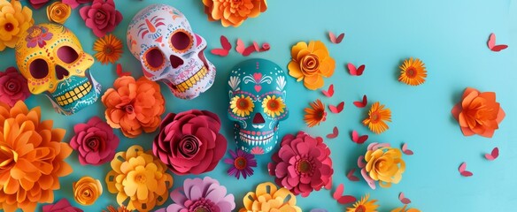 Dia de los Muertos Inspired Frame with Colorful Skulls and Flowers