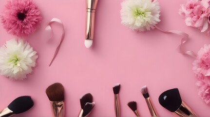 make-up brushes in holder and cosmetics isolated on white generated ai