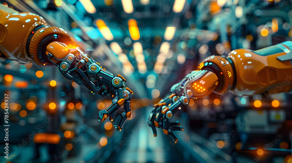 Wall mural in the future, robots or cyborgs with artificial intelligence will control manipulator arms on facto