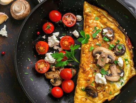 Omelette with cherry tomatoes, mushrooms, and feta cheese! It's like a tasty party in the pan! Let's cook it till it's fluffy and cheesy! Breakfast time is gonna be awesome
