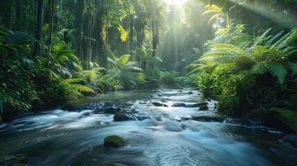 Serene tropical forest river landscape