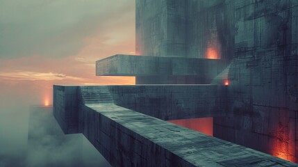 Surreal Urban Landscape with Gravity-Defying Pathways, Eerie Atmosphere, and Dusk Lighting, Evoking Abstract Surrealism Concept.