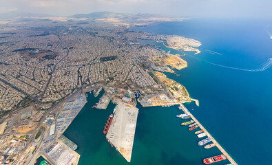 Athens, Greece. Port and city panorama. Summer. Aerial view