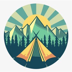 Circular logo with tent and mountains. Camping and staying in nature.