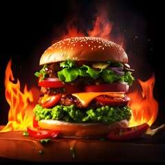 Delicious burger with many ingredients isolated on a white background Tasty cheeseburger splash sauce