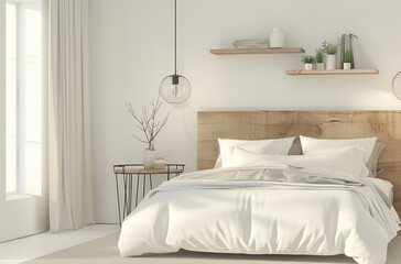 Minimalist bedroom with a wooden headboard, white walls and hairpin accent tables, green plants on the floor, a white rug, a bed with a fluffy beige blanket, lamps above it
