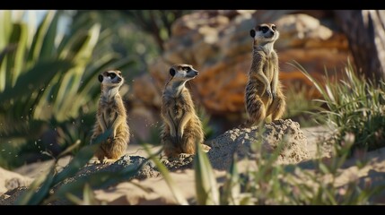 f a group of meerkats standing guard together, alerting each other to potential threats and dangers, showcasing the vigilance and cooperation essential for survival in their habitat - obrazy, fototapety, plakaty