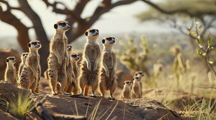 f a group of meerkats standing guard together, alerting each other to potential threats and dangers, showcasing the vigilance and cooperation essential for survival in their habitat - obrazy, fototapety, plakaty
