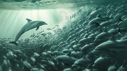 a pod of dolphins herding a school of fish together, demonstrating the synchronized movements and communication that enable them to work collectively to secure their meal