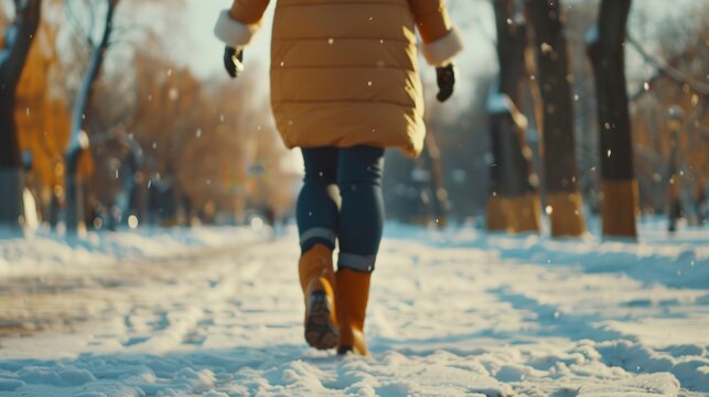 A person walking away in a winter coat and boots, leaving footprints in the snow-covered park path.
