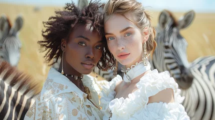Rolgordijnen Portrait of two beautiful african and american women in white dresses with zebra on background © D-Stock Photo
