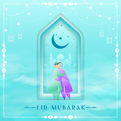 Eid Mubarak background with lantern moon and mosque beautiful background. Eid Mubarak social media post design.