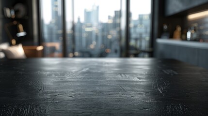 Dark wooden textured table surface with blurred cityscape background during daytime.