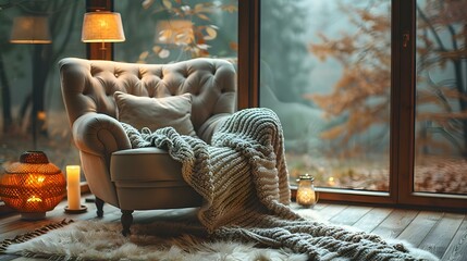 Serene Reading Retreat with Plush Chair and Ambient Lighting. Concept Reading Nook, Plush Chair, Ambient Lighting, Serene Retreat, Cozy Atmosphere