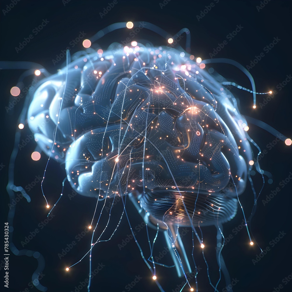 Poster Conceptual art of a glowing brain neural network with interconnected nodes and light trails on a dark background.