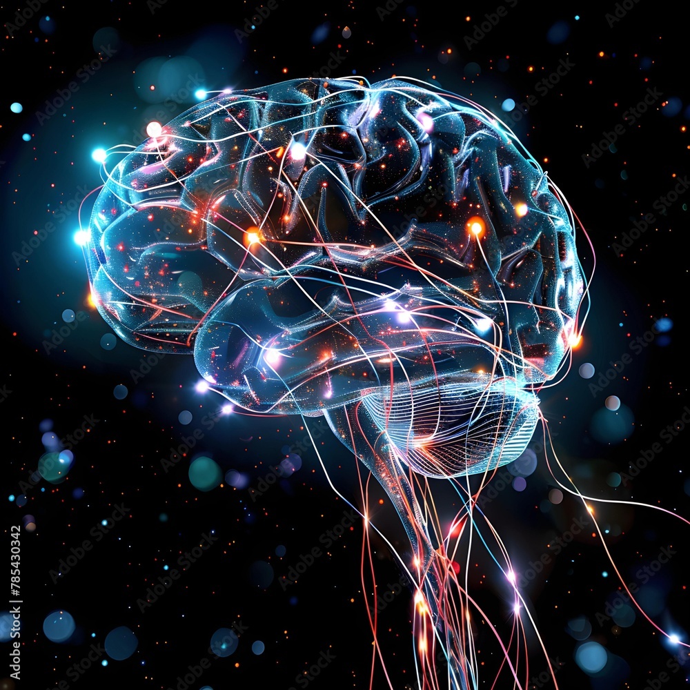 Aufkleber Conceptual art of a glowing brain neural network with interconnected nodes and light trails on a dark background.