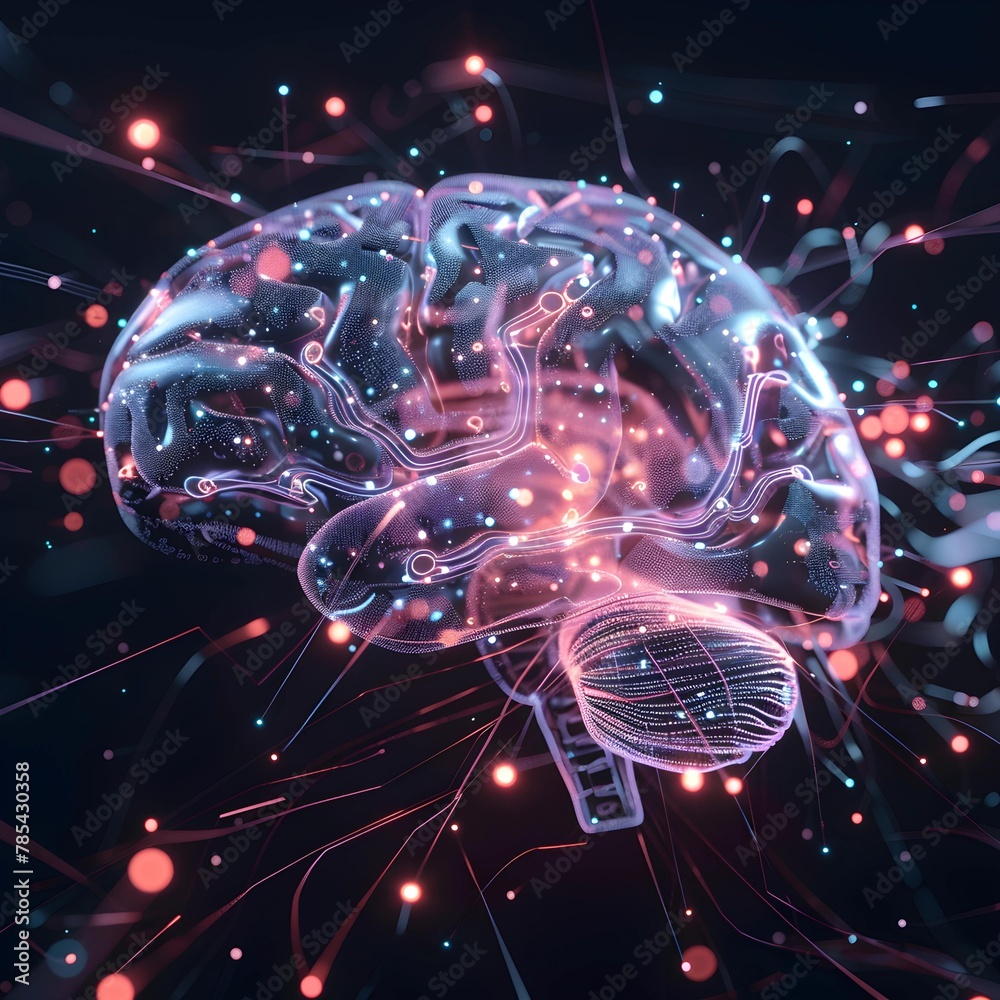 Poster Conceptual art of a glowing brain neural network with interconnected nodes and light trails on a dark background.
