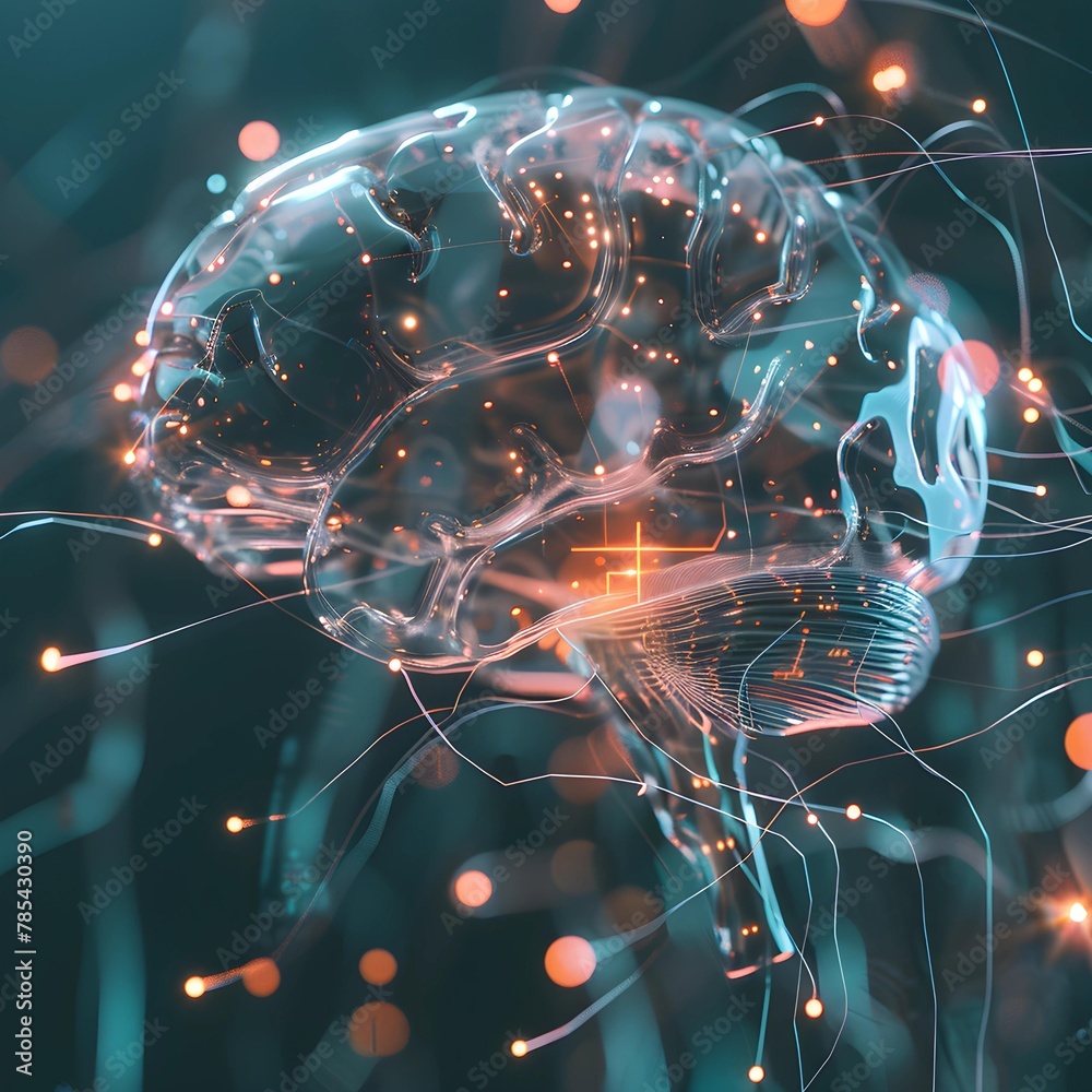 Aufkleber Conceptual art of a glowing brain neural network with interconnected nodes and light trails on a dark background.