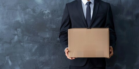 An unrecognizable businessman in a suit holding a plain cardboard box in front of a dark background.