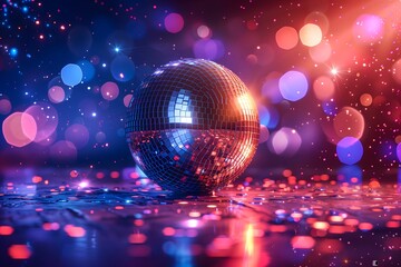 A sparkling disco ball reflects colorful lights on a shiny surface, creating a vibrant and festive atmosphere.