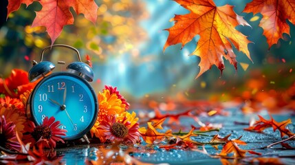 Naklejka na ściany i meble Nature scene alarm clock shifts from summer blooms to autumn leaves as daylight saving time ends
