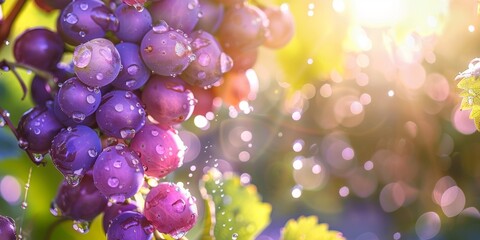 Cluster of ripe purple grapes with water droplets shining in the soft, golden glow of morning sunshine.