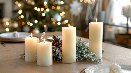Fototapeta na wymiar Elegant white candles lit on a dinner table, offering a warm and inviting atmosphere amidst holiday decorations.