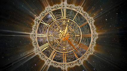 Ornate gold clock and faces with light effects on space background. Infinity of time concept. 3D illustration