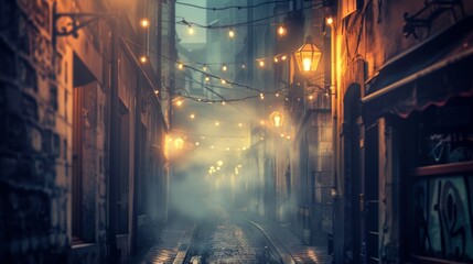 Atmospheric alley illuminated by warm lights and mist, evoking a sense of mystery.