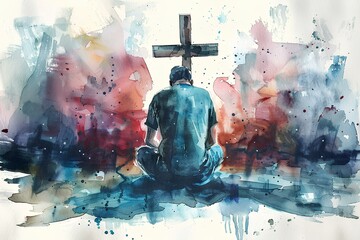 Praying man in front of the cross. Christian symbol, resurrection. Watercolor painting symbol