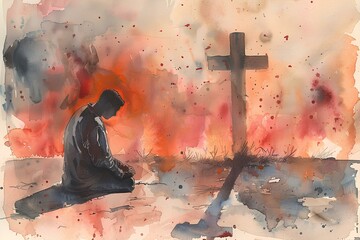 Watercolor painting of a man praying by a cross. Christianity symbol.