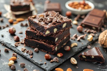 A stack of chocolate brownies with nuts and chocolate chips on a slate board with a bowl of nuts
