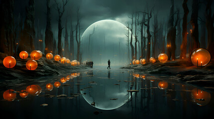 Halloween scene with full moon and full moon. 3D rendering
