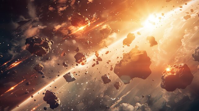 A space scene with a lot of debris and a bright sun
