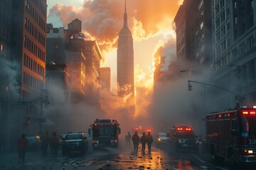 Emergency Services Responding to Extreme Heat Events with Melting Skyscrapers in the Backdrop, Capturing Action and Vivid Storytelling. - obrazy, fototapety, plakaty