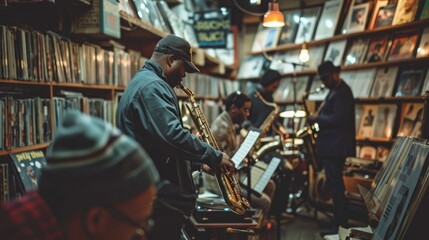 Jazz Musicians Playing Soulful Tunes in Vintage Record Store