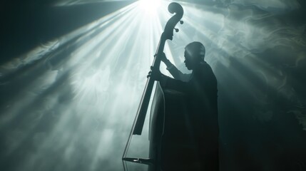 Silhouette of a Musician Playing Double Bass Under Dramatic Stage Lighting