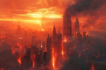 Melting Skyscrapers in a Dystopian Cityscape Under the Scorching Sun, Creating an Apocalyptic Mood with Harsh Shadows and Desaturated Colors Concept.