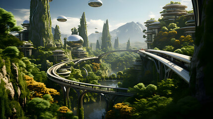 3d render of a fantasy landscape with a bridge over the river - obrazy, fototapety, plakaty