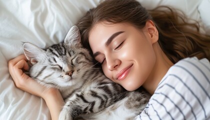 Serene scene  young woman and cat peacefully napping together on a cozy white bed at home