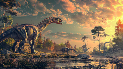 Jurassic landscape with majestic dinosaurs by the lakeside at sunset