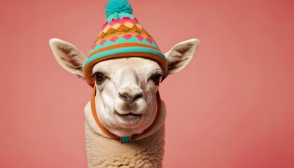 Lama in a bright hat , against the background of a pink wall, vintage and fashionable style. Isolated studio portrait close up. Funny, cute and unusual image.