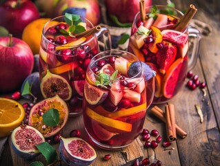 Traditional hot spicy sangria for autumn and winter! It's made with cider, red and pink wine, apples, oranges, pomegranate, cranberry, plum, figs, and cinnamon sticks! 