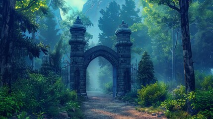 Enchanted forest gateway shrouded in morning mist