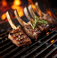 Grilled lamb rack with fire in the background