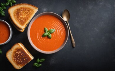 A bowl of creamy tomato soup with a grilled cheese sandwich
