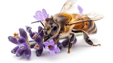 Close-up image of a honeybee pollinating vibrant lavender flowers