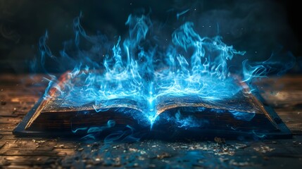 Enigmatic Tome Ignites Mystical Blue Flames. Concept Enigmatic Tome, Mystical Blue Flames, Magical Realm, Ancient Secrets, Mysterious Powers - obrazy, fototapety, plakaty