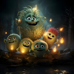 Funny cartoon monsters in dark forest with lanterns. Halloween illustration.