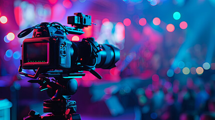 Professional digital camera recording live concert in vibrant nightclub